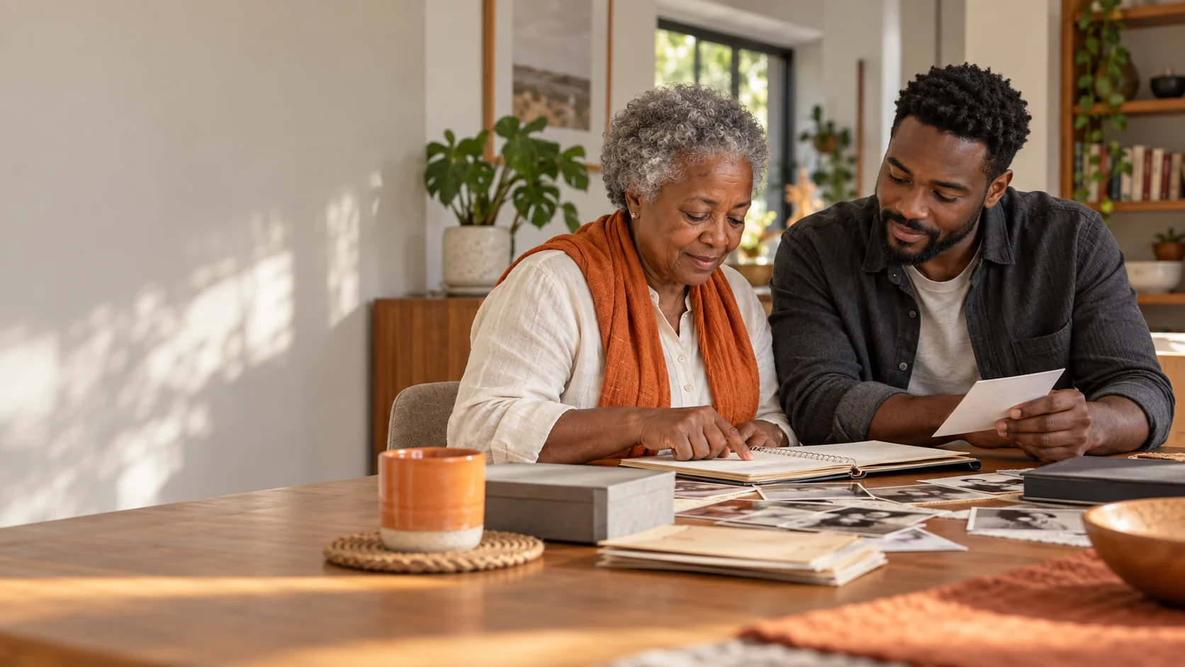 Two adults from different generations organising family records together at a table.