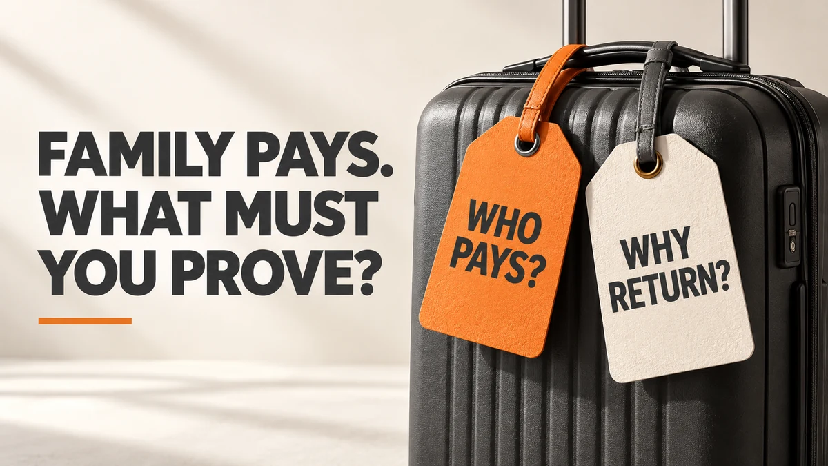 Charcoal suitcase with luggage tags asking who pays and why return, beside the headline Family pays. What must you prove?