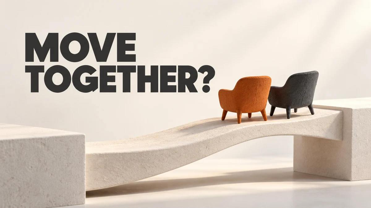 An orange chair and a charcoal chair sit side by side on a continuous pale bridge, with the question Move together?