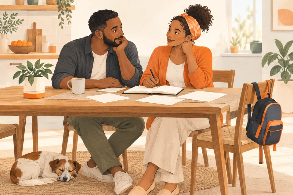 Illustration of a couple discussing their plans together at a kitchen table.